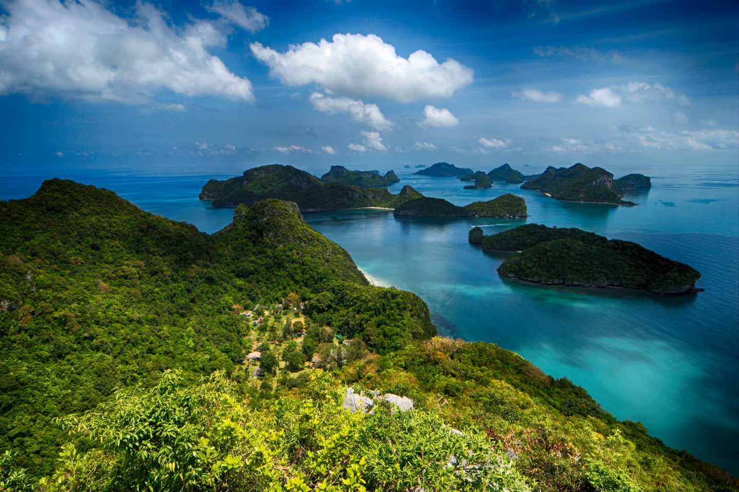 View from a forested summit over the islands of Mu Ko Ang Thong National Park, scattered across turquoise sea