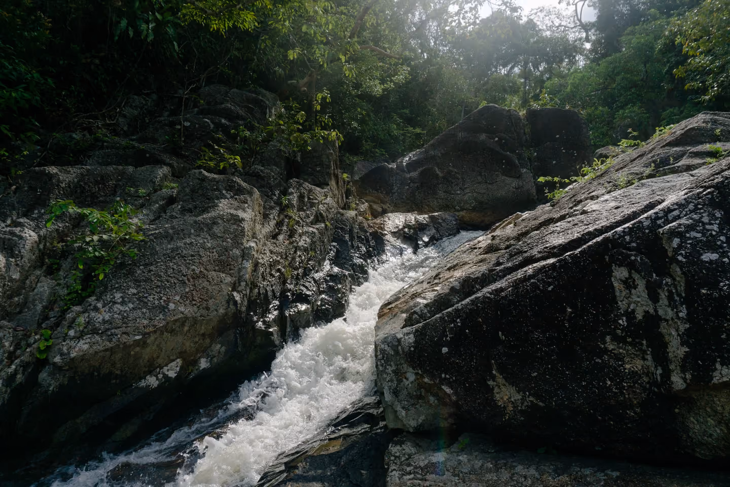 Than Sadet waterfall rushing white between large granite boulders in shaded forest